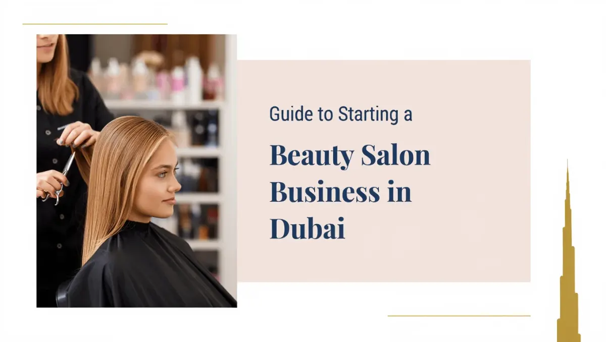 Beauty salon client with a stylist cutting hair and text about starting a beauty salon business in Dubai