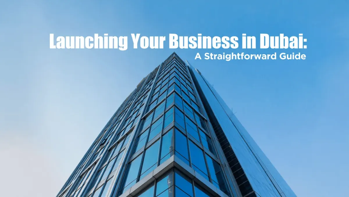 Glass high-rise with text overlay about launching a business in Dubai, used for an internal audit services page