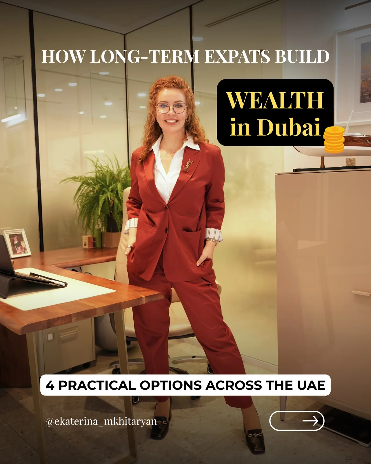 Portrait photo with partially readable financial text about practical options across the UAE