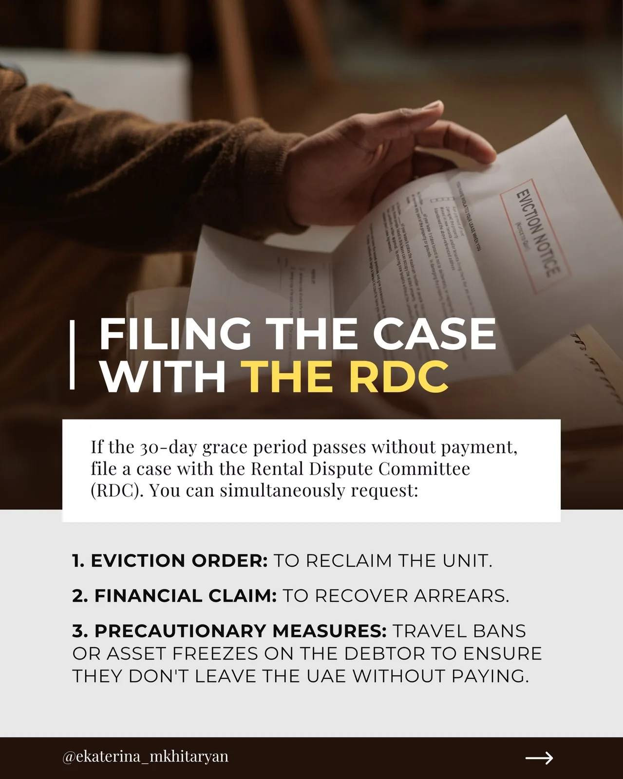 Document excerpt about UAE rental disputes mentioning eviction orders, financial claims and precautionary measures like travel bans and asset freezes