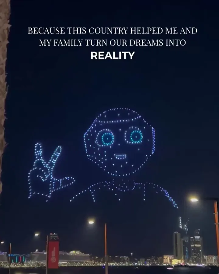 Portrait photo with overlaid quote about a country helping a family turn their dreams into reality