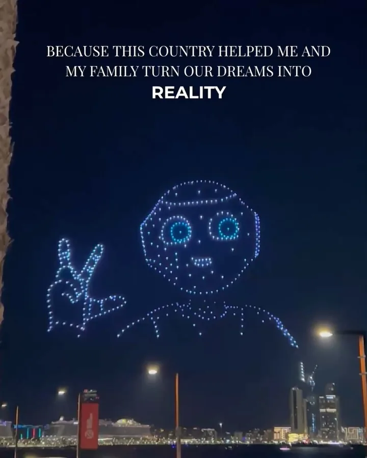 Portrait photo with overlaid quote about a country helping a family turn their dreams into reality