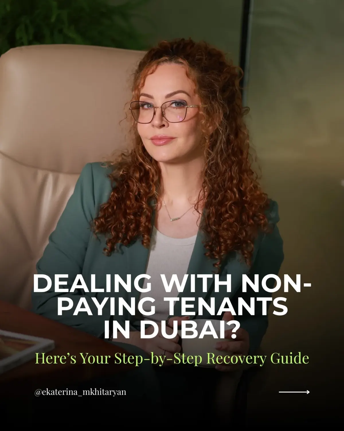 Portrait photo with overlaid text about dealing with non-paying tenants in Dubai