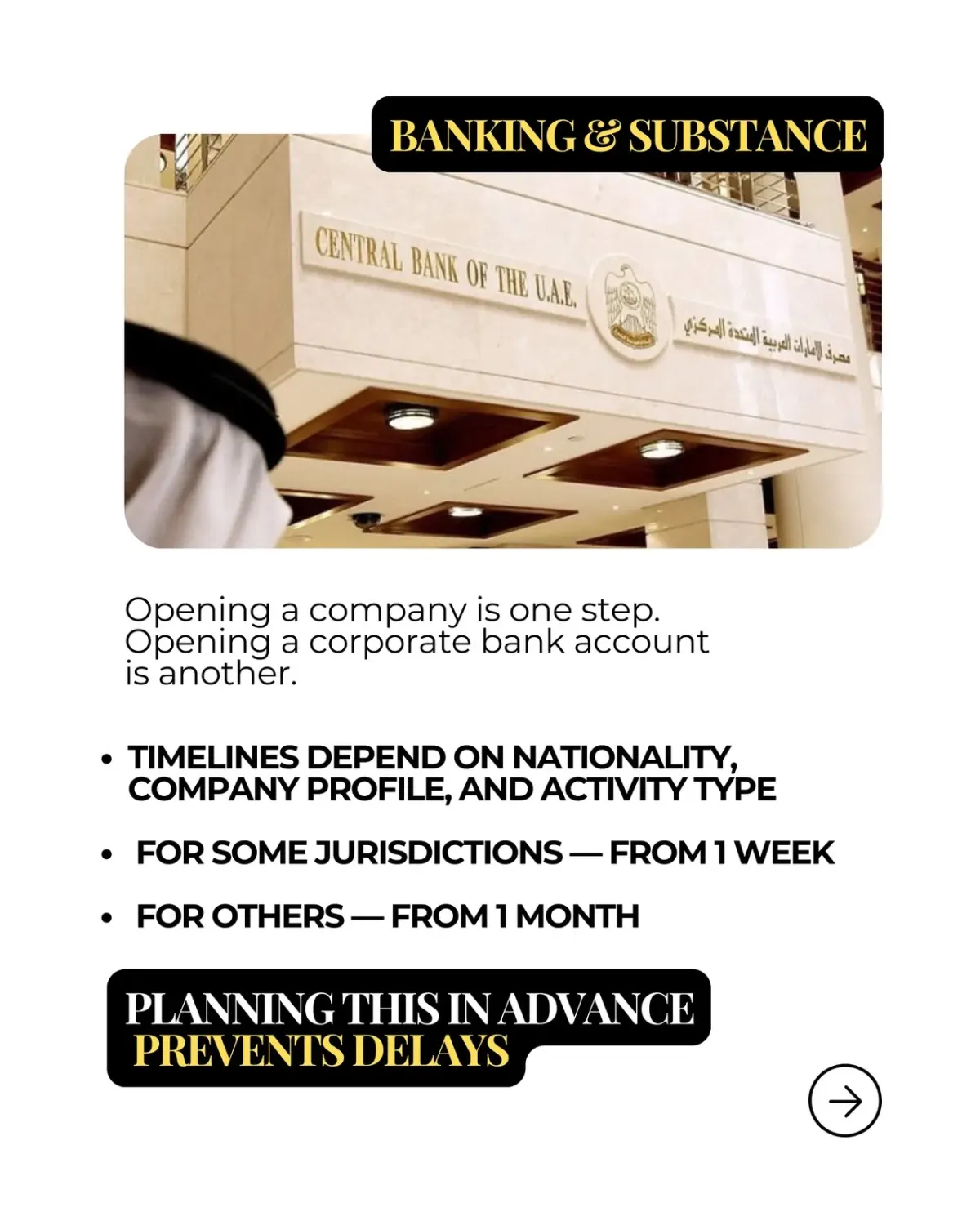 Promotional graphic about UAE corporate bank account opening timelines and planning factors Promotional graphic about UAE corporate bank account opening timelines and planning factors