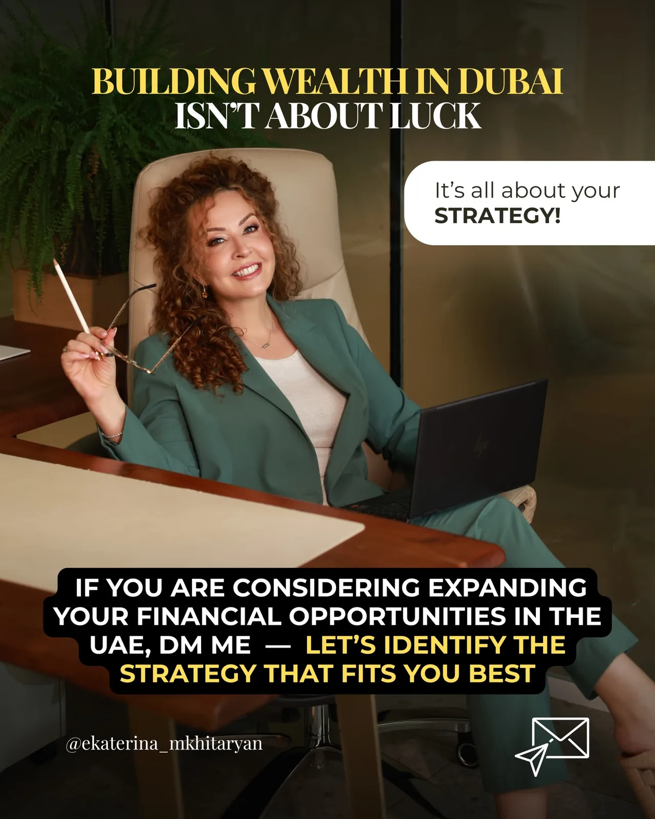 Portrait photo with overlaid quote about building wealth in Dubai through strategy and financial opportunities in the UAE