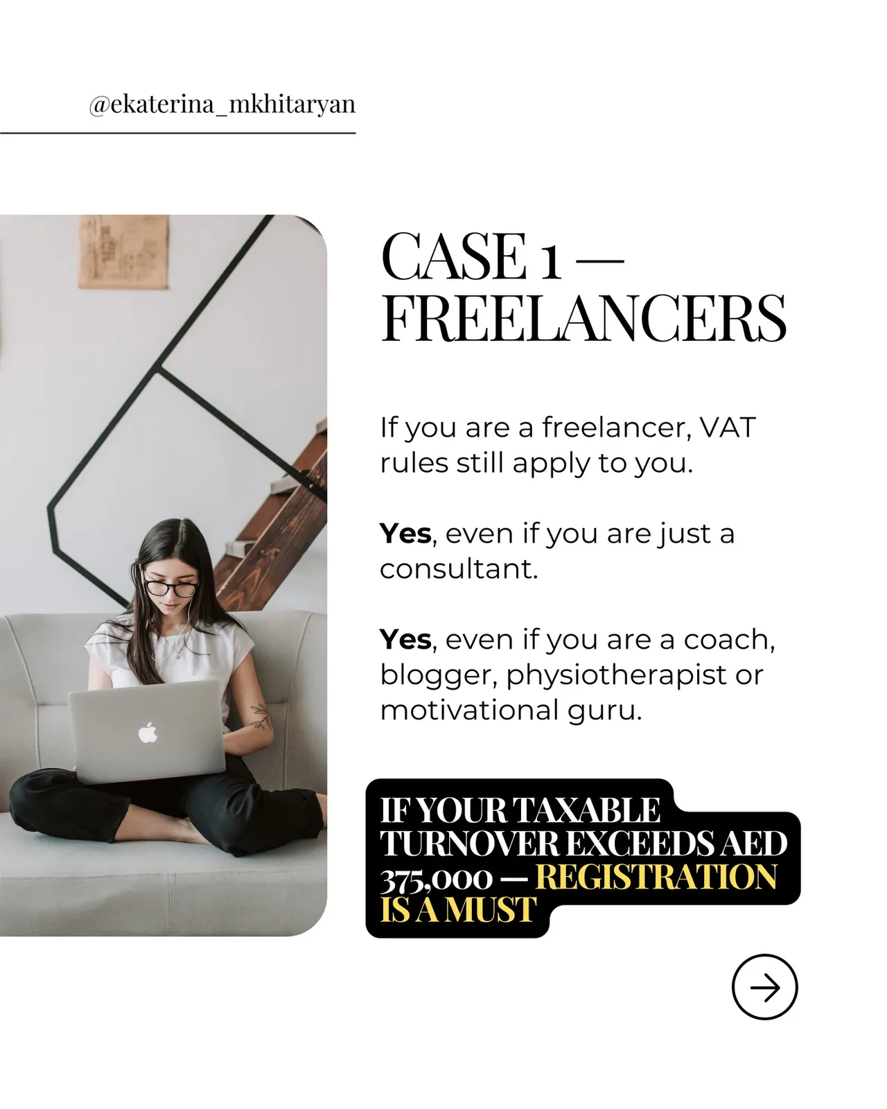 Portrait photo with overlaid text about VAT rules and registration thresholds for freelancers in the UAE