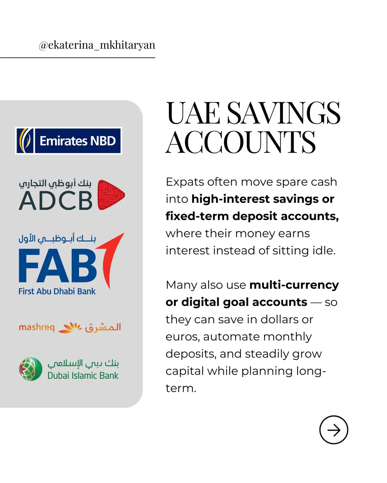 Portrait photo with overlaid text about expats moving spare cash into savings and deposit accounts