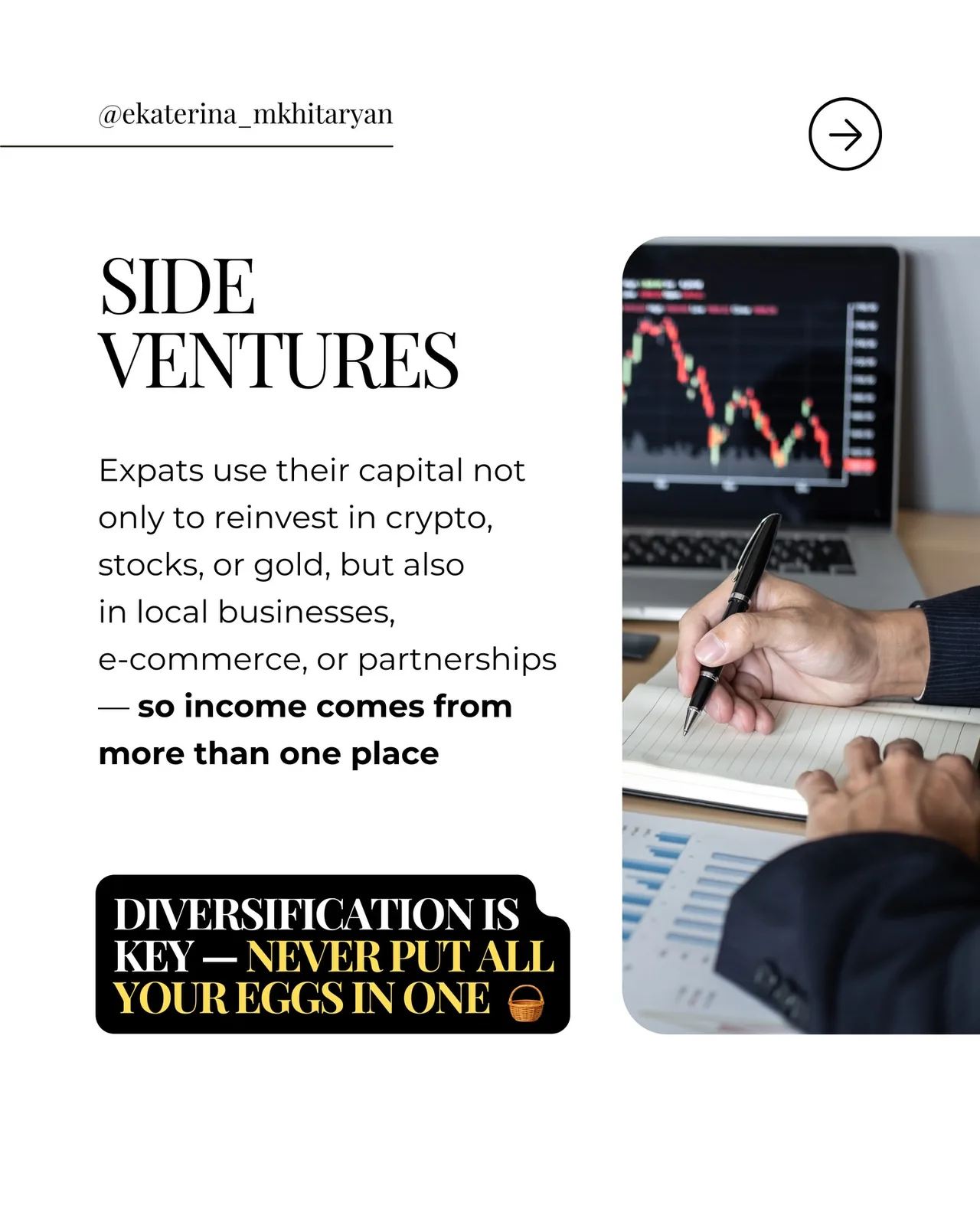 Portrait photo with overlaid text about expat ventures and diversifying income sources