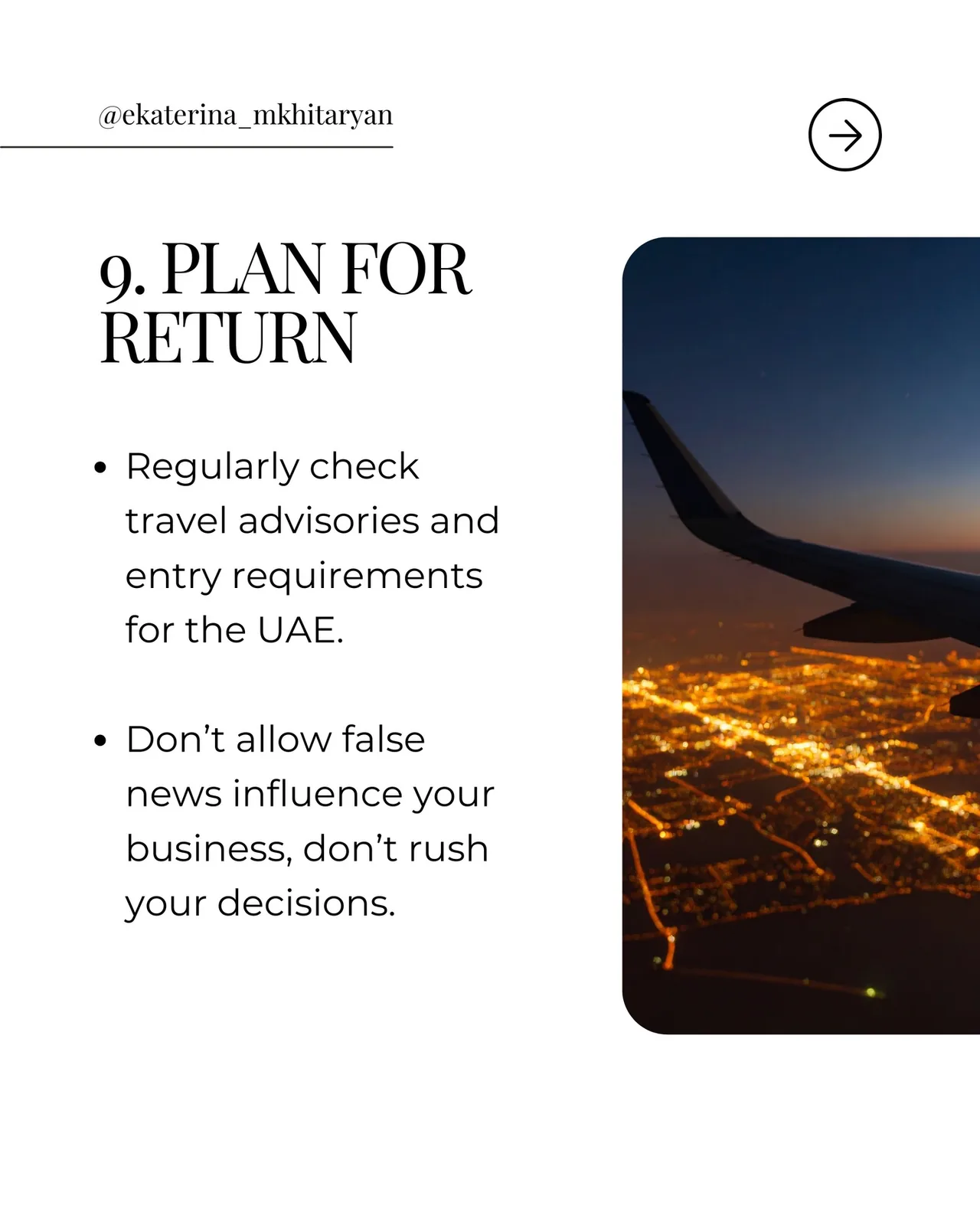 Printed checklist mentioning UAE entry requirements and planning a return trip, suggesting preparation for doing business in Dubai
