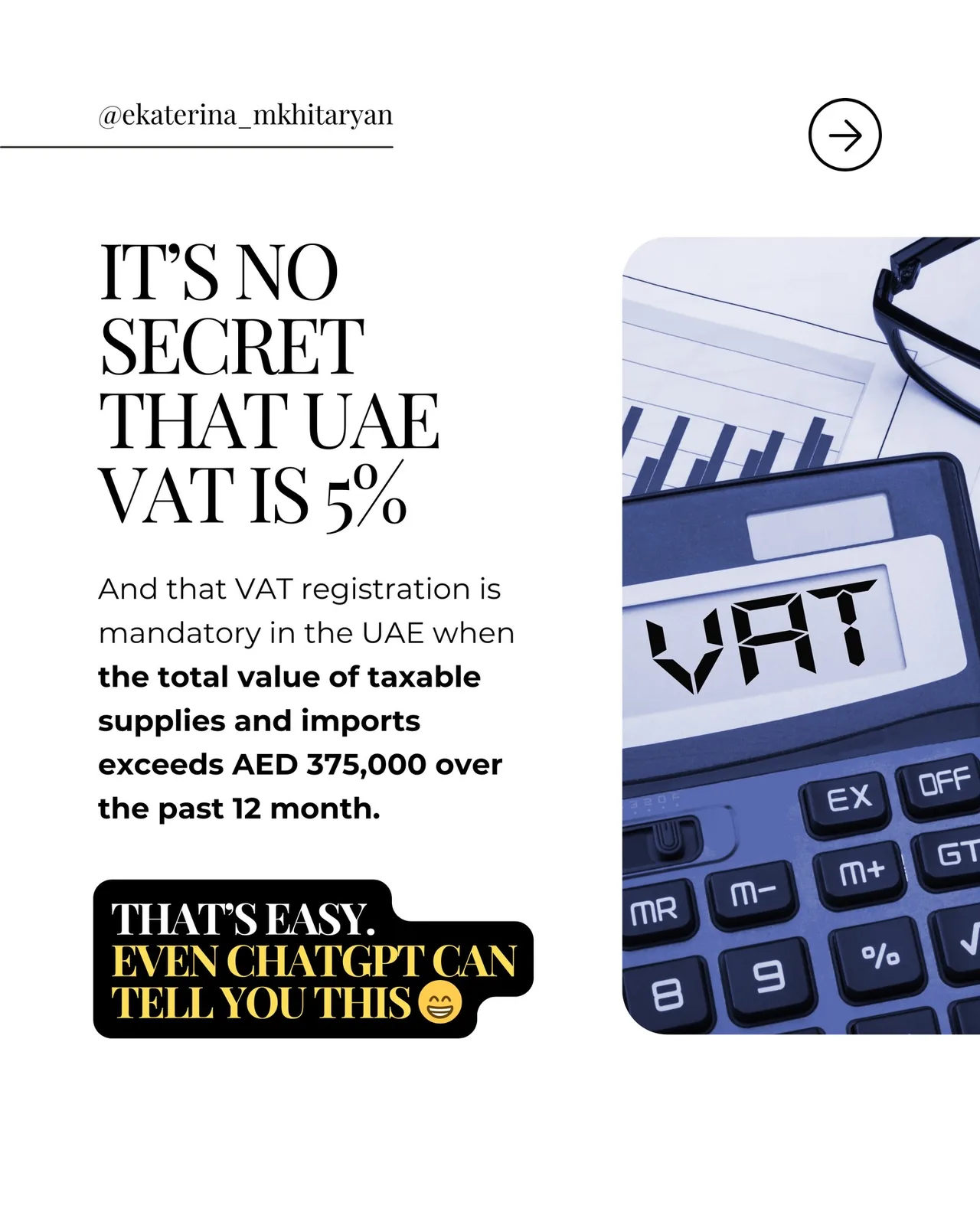 Portrait photo with overlaid text about UAE VAT at 5% and registration when taxable supplies exceed AED 375,000