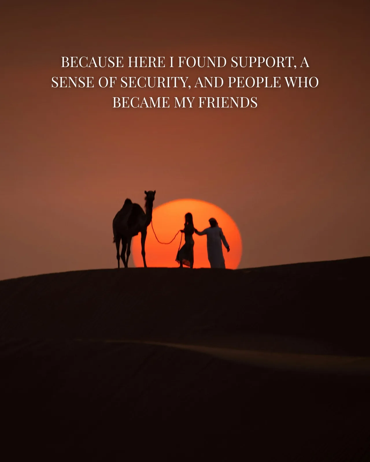 Silhouetted people with a camel at sunset suggesting support and security in the UAE