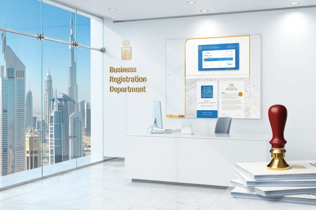 Business Registration Department desk with documents for DAFZA license cost planning Business Registration Department desk with documents for DAFZA license cost planning