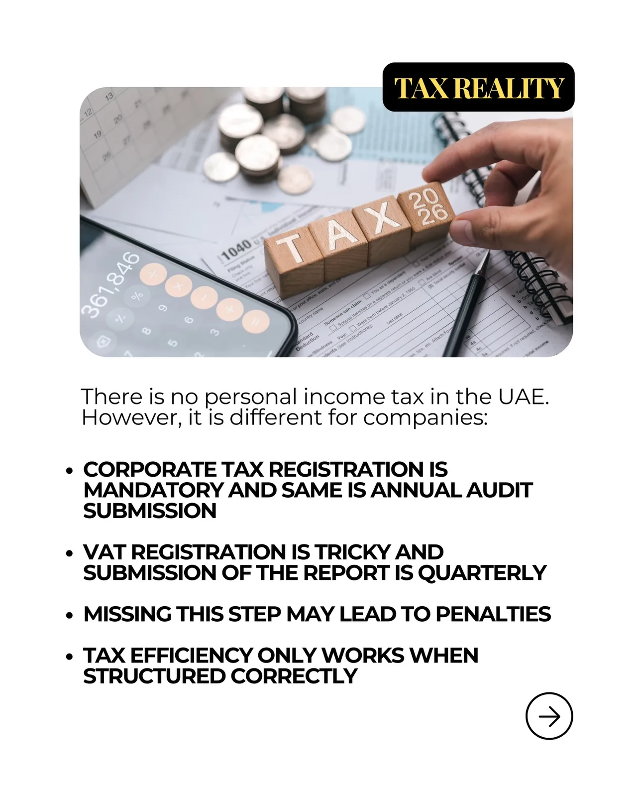 UAE tax advisory poster highlighting corporate tax registration, VAT filing and audit requirements for companies