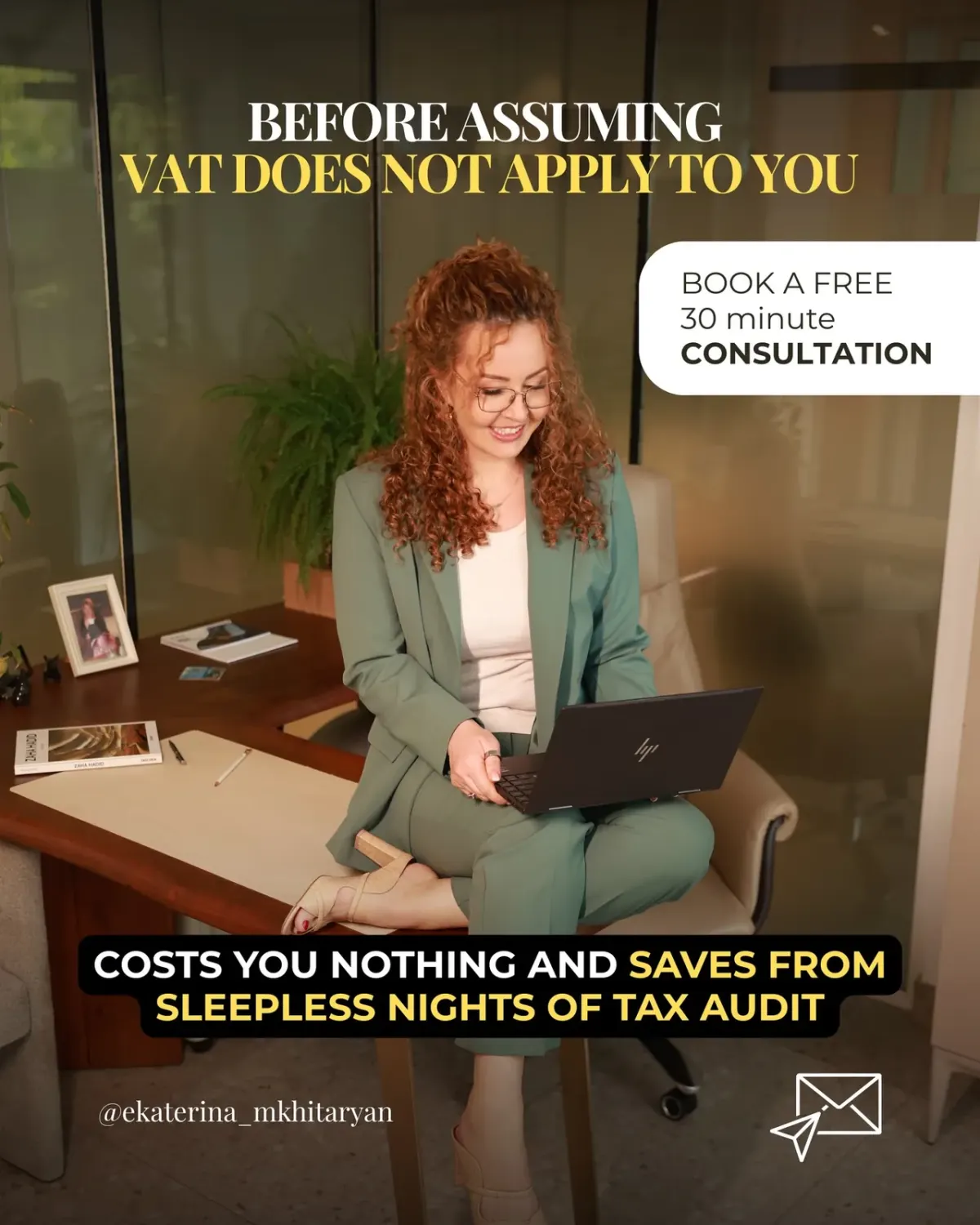 Portrait photo with overlaid text about booking a free VAT consultation to avoid tax audit issues Portrait photo with overlaid text about booking a free VAT consultation to avoid tax audit issues