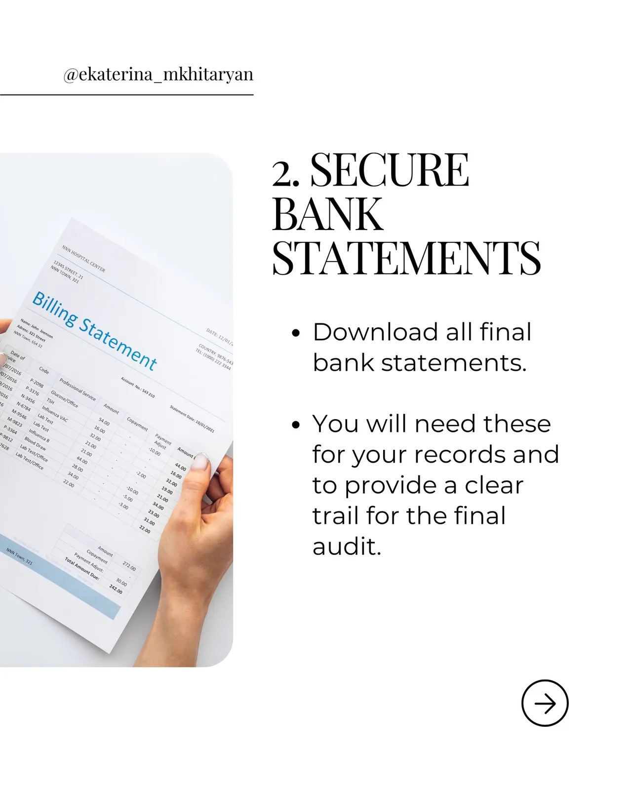 Document-style photo with partially readable text about secure bank statements and audit records