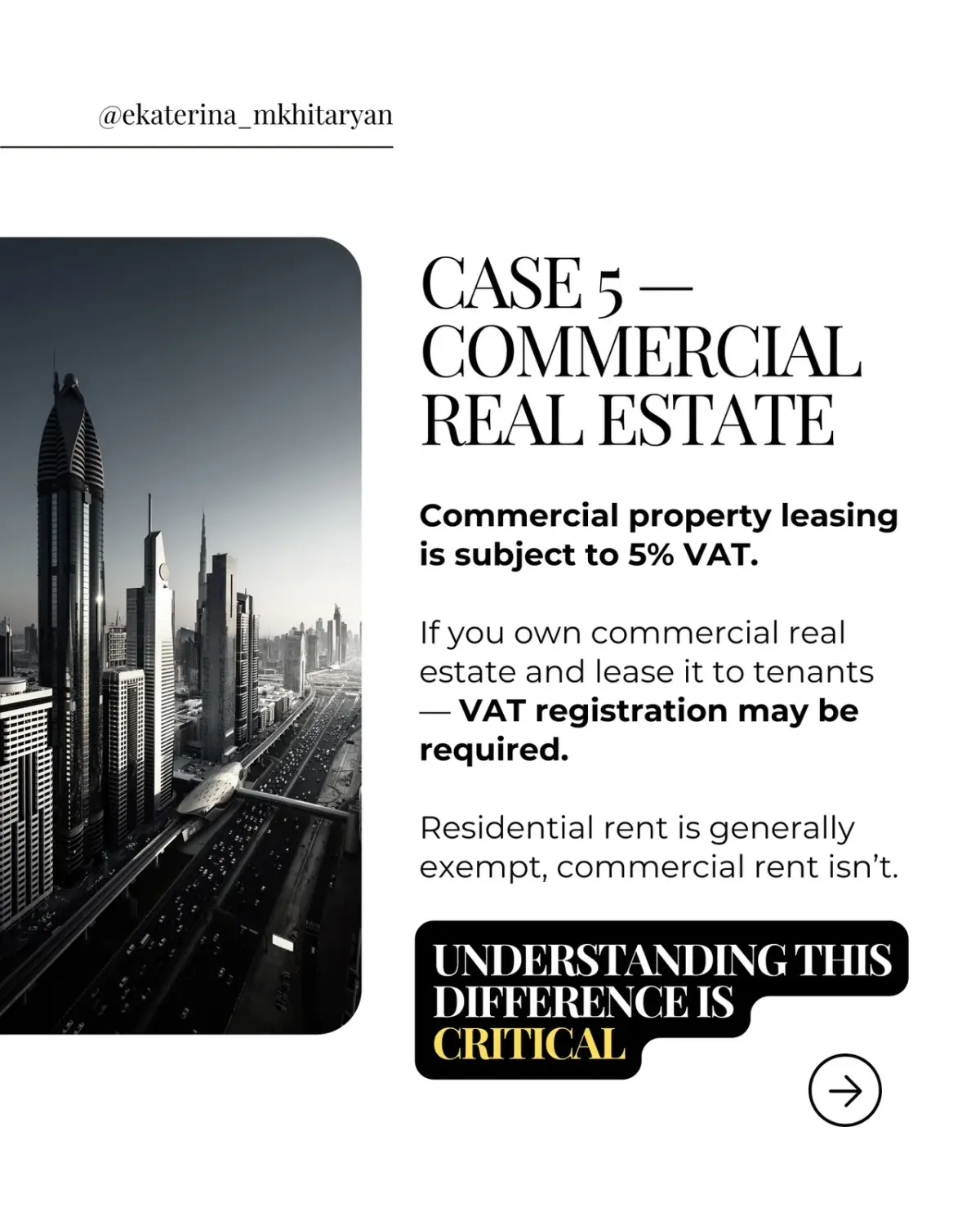 Portrait photo with text about commercial property leasing, VAT on commercial rent, and residential rent exemption in the UAE