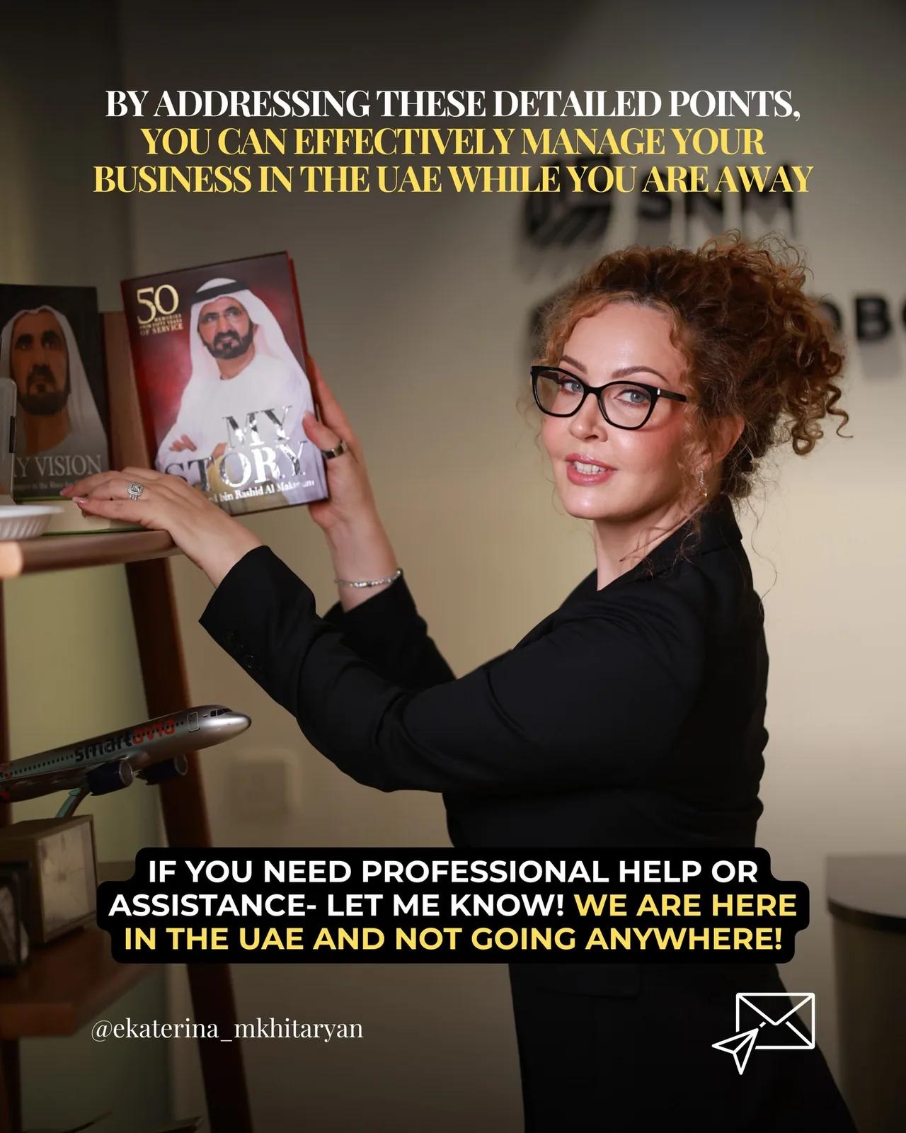 Portrait photo with overlaid English text about managing your business in the UAE while you are away and offering local professional help