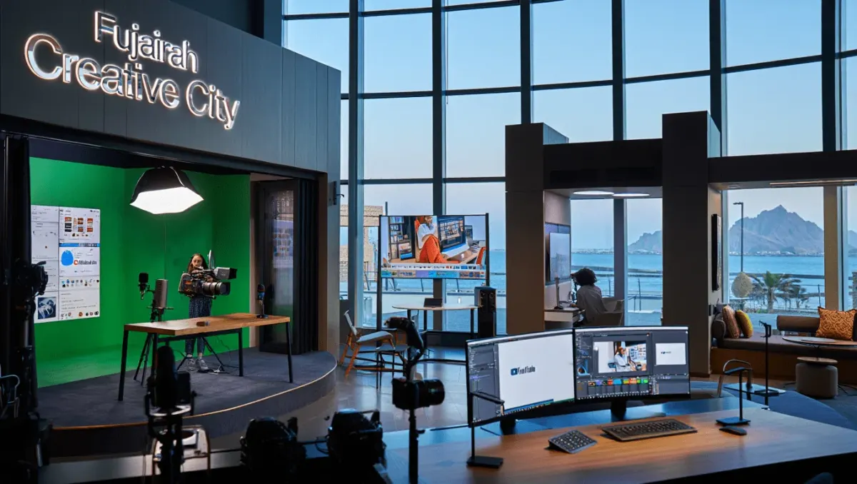 Media studio with green screen, camera, presenter desk, and control monitors for a DIFC SPV setup service page