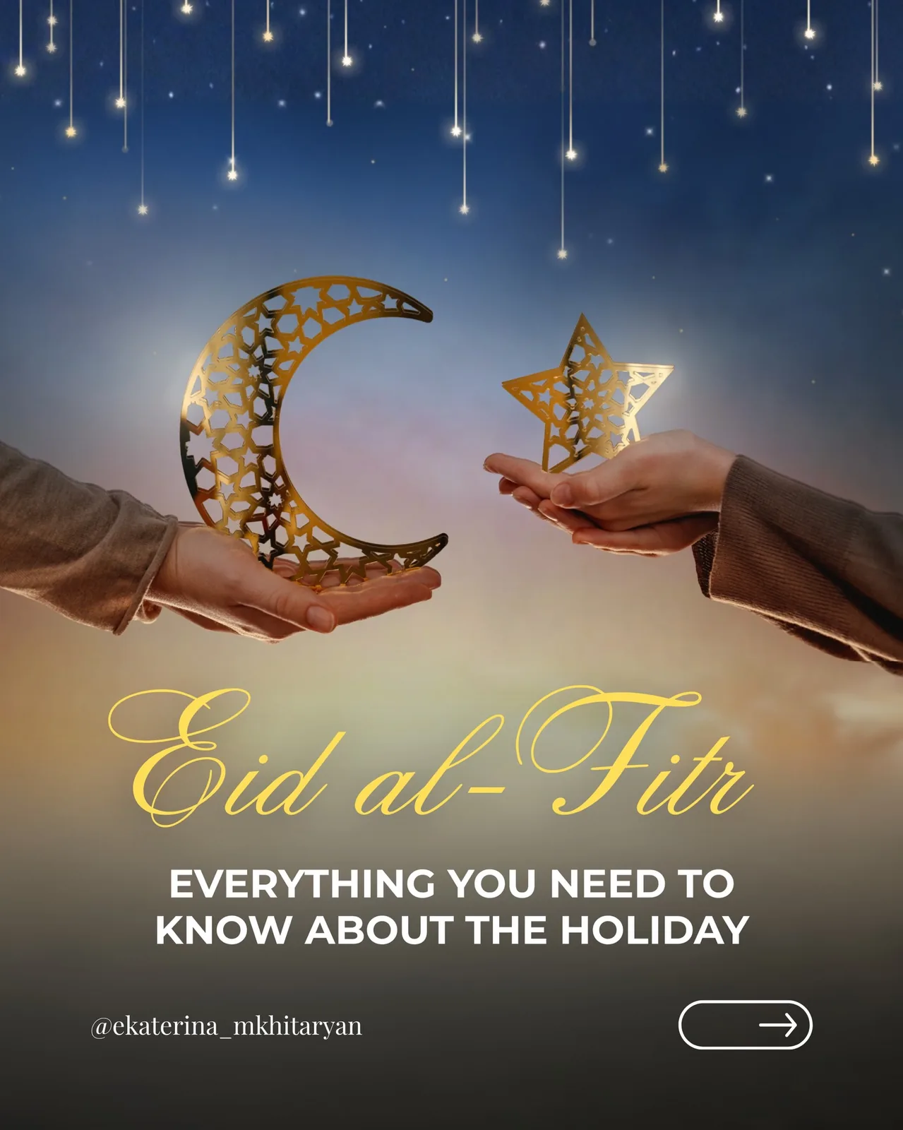 Hands exchanging a decorative gold crescent and star during an Eid celebration in Dubai