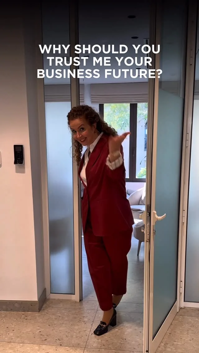 Woman in an office doorway with text asking why she should be trusted with your business future