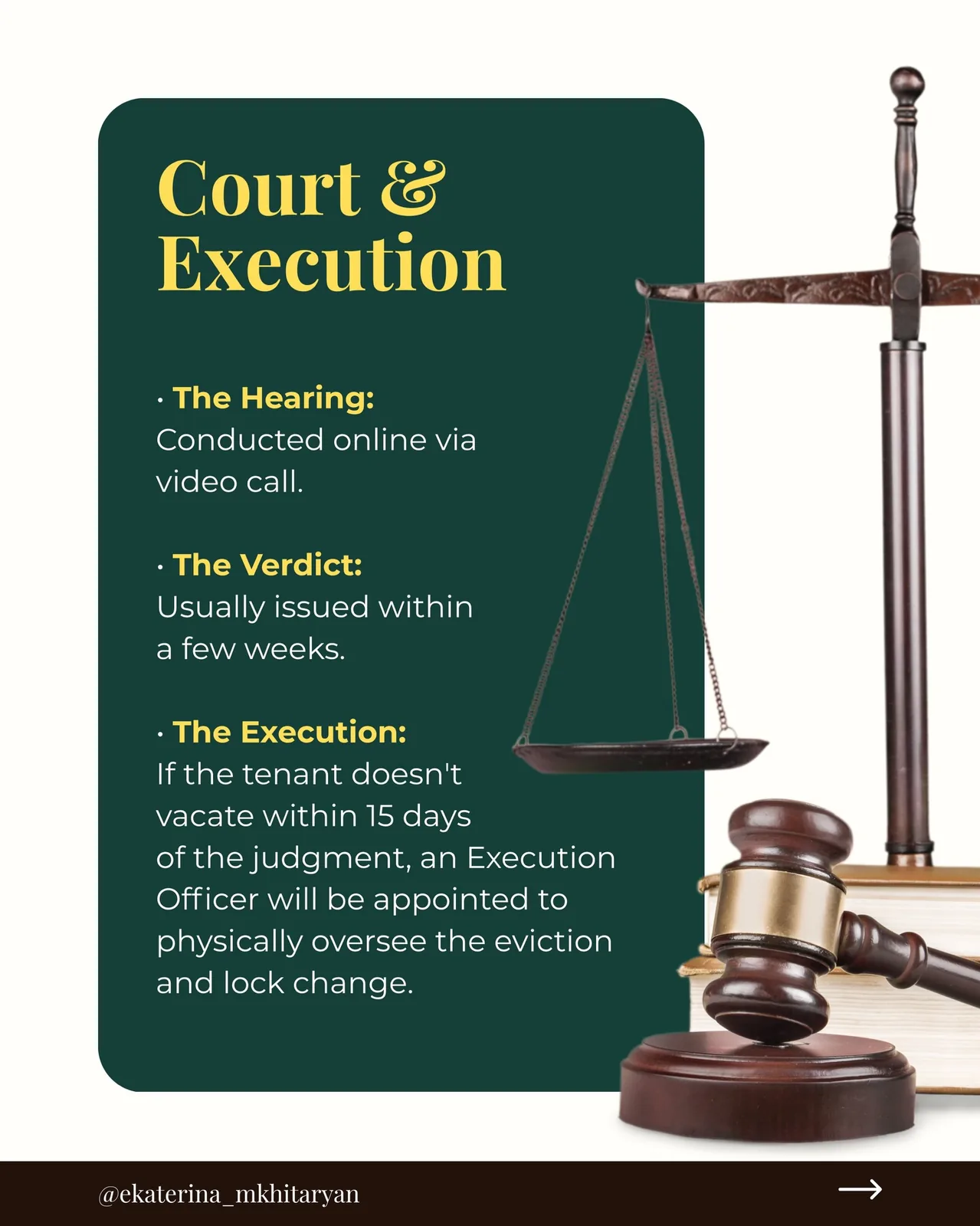 Printed guide explaining online court hearing, verdict timing and eviction execution steps
