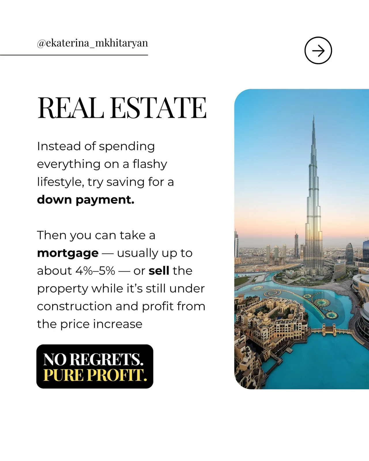 Real estate themed photo with overlaid advice about saving for a down payment and using a mortgage or selling property under construction